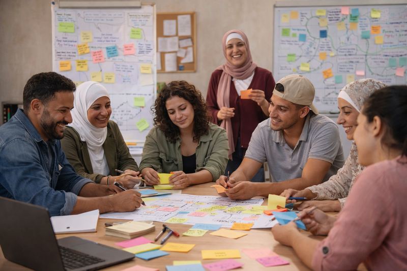 Atelier collaboratif : des participantes et participants travaillent autour d’une table couverte de post-it